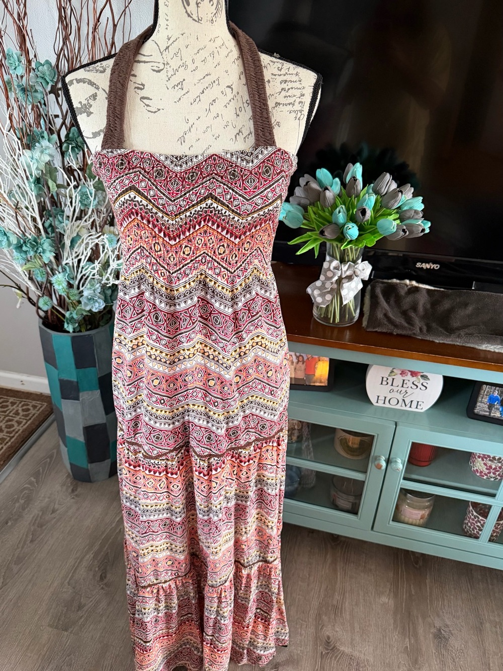 Nine West Pink Multi-Color Printed Maxi Dress Size Medium